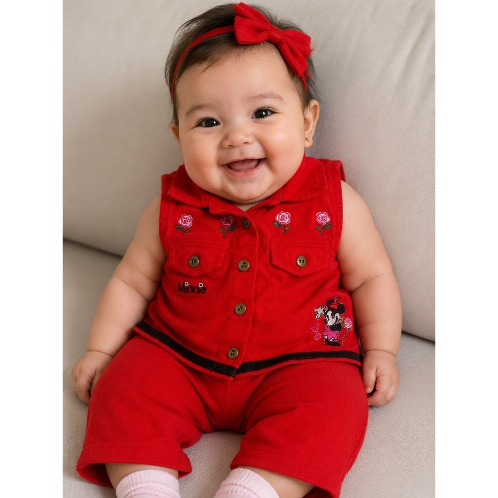 Y2K Minnie Mouse 2-Piece Red Jean/Denim Feel Vest & Pants Set 6-9 Month Vintage
